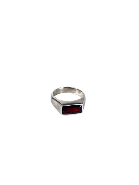 Vintage Sterling Silver Signet Ring with Red Garnet Gemstone