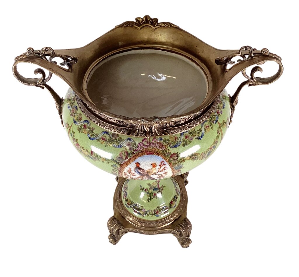 Green Porcelain & Brass Footed Centerpiece