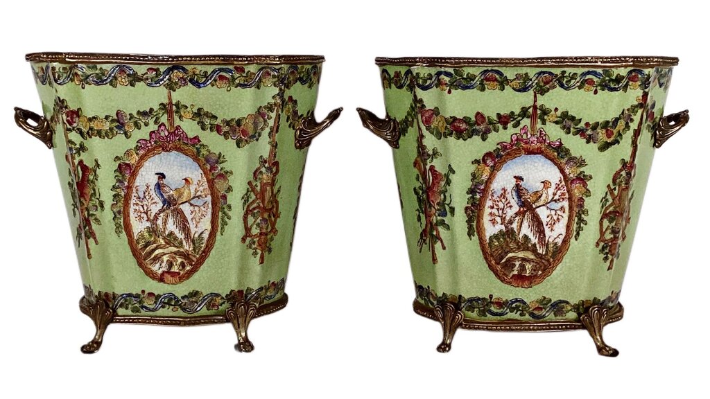 PAIR Porcelain & Brass Footed Cachepots