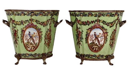 PAIR Porcelain & Brass Footed Cachepots