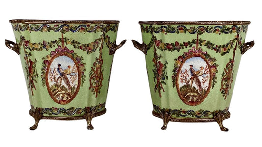PAIR Porcelain & Brass Footed Cachepots