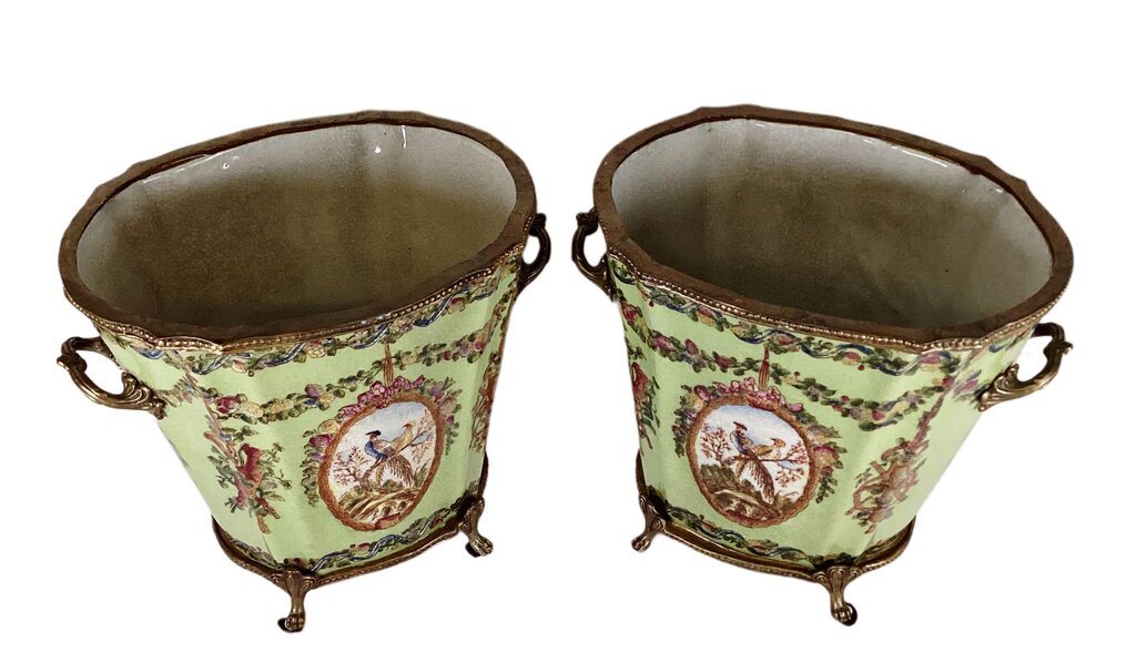 PAIR Porcelain & Brass Footed Cachepots