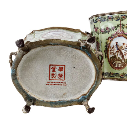 PAIR Porcelain & Brass Footed Cachepots