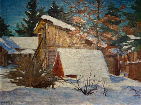 Snow Scene with Cabin. Oil on Canvas. American, Dated 1925