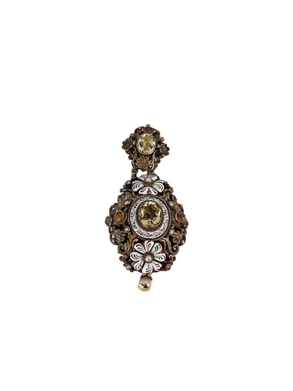 18Kt & Silver 19th c. Italian Enamel w Citrine Brooch