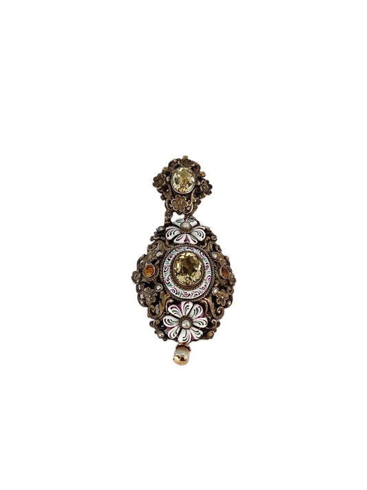 18Kt & Silver 19th c. Italian Enamel w Citrine Brooch