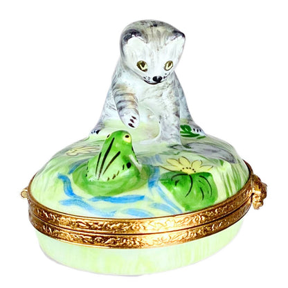 Limoges Cat & Frog Hand Painted Box