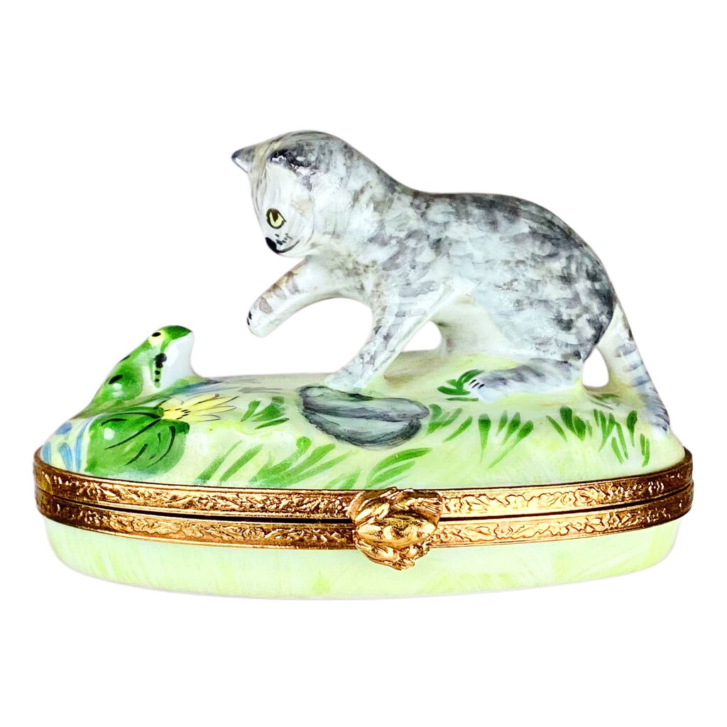 Limoges Cat & Frog Hand Painted Box
