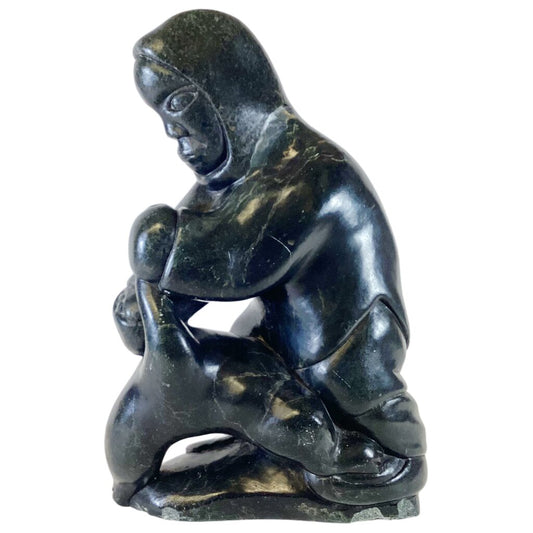 Canadian Signed First Nations Soapstone Carving of Hunter with Seal - Opportunity Shop DC