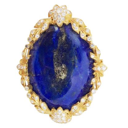 Vintage Oval Lapis Brooch Pendant 18K
