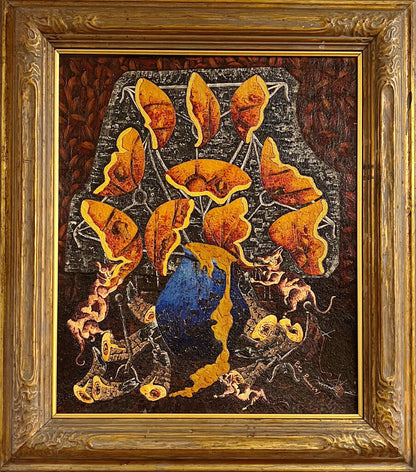 Pietro Pecorari. Orange Flowers in Blue Vase. Oil on Board.