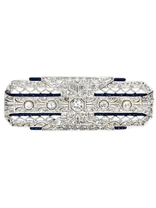 Art Deco Platinum Brooch w Diamonds & Onyx