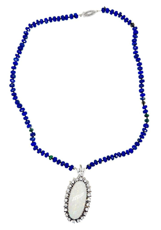 White Natural Opal & Diamond Pendant set in 14Kt Gold w Sapphire Blue Beaded Necklace