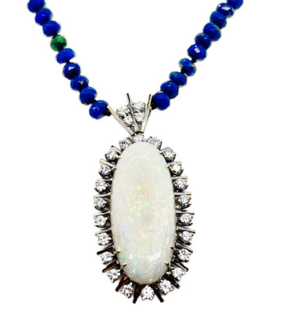 White Natural Opal & Diamond Pendant set in 14Kt Gold w Sapphire Blue Beaded Necklace