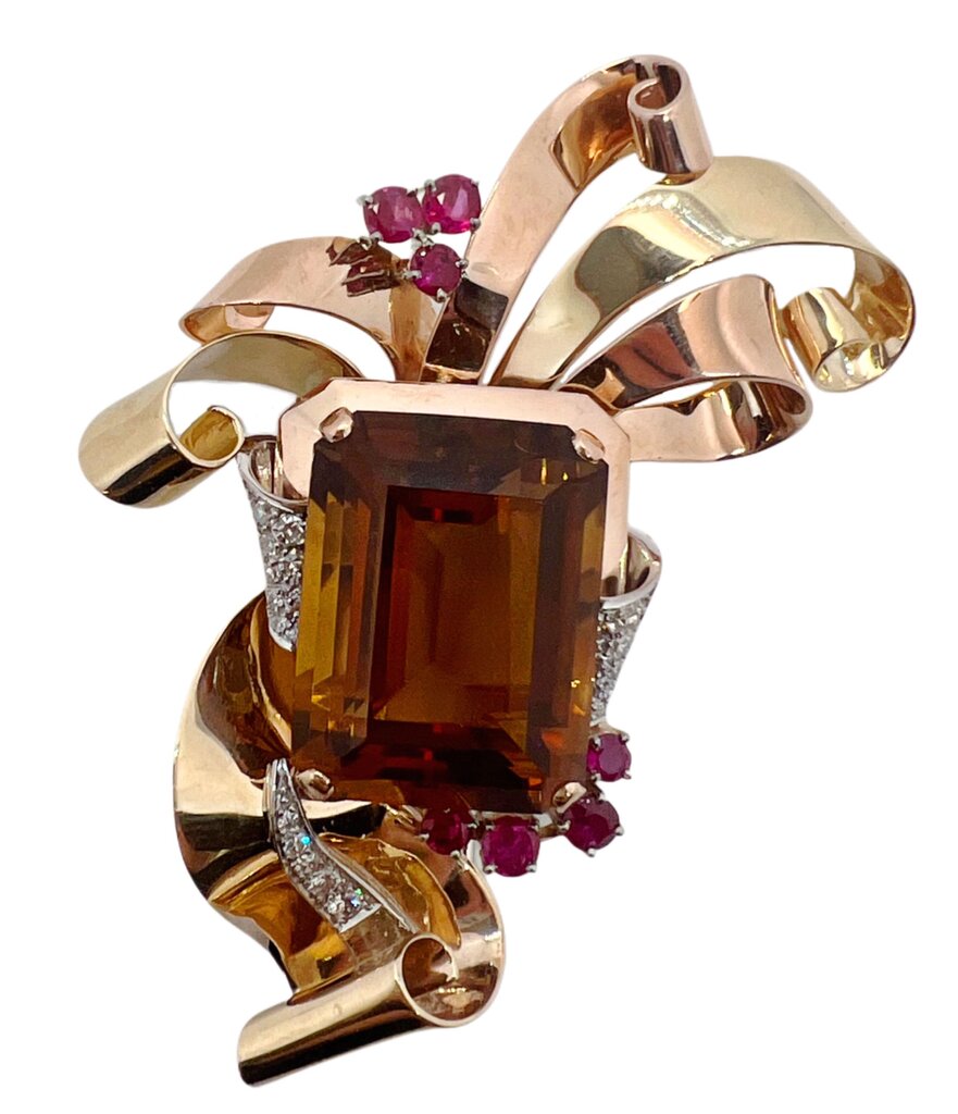 14Kt Gold Brooch w Citrine, Rubies & Diamonds