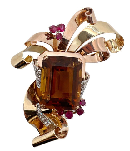14Kt Gold Brooch w Citrine, Rubies & Diamonds