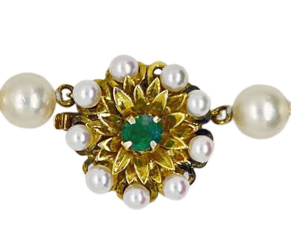 7.5 mm Cultured Pearl Necklace w 14Kt Gold & Emerald Clasp