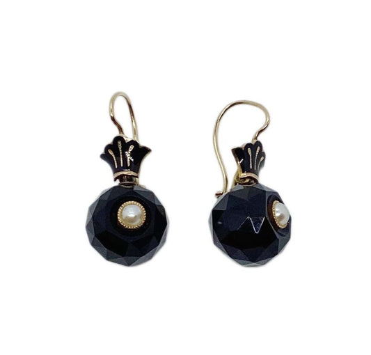 Victorian Ink Black Onyx and Pearl Drop Earrings