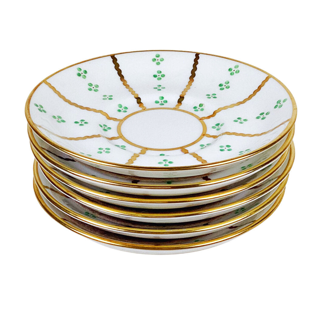 SET 6 Tiffany Green & Gold Porcelain Coffee/Tea/Espresso Cups & Saucers