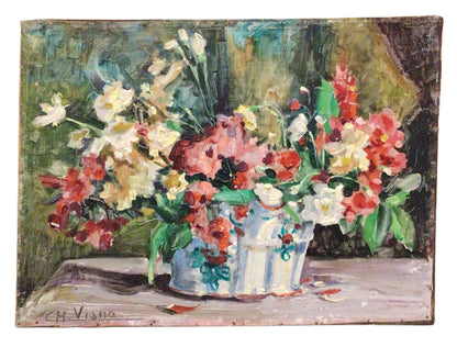 Charles Viane. "Vielles Fleurs". Oil on Board.