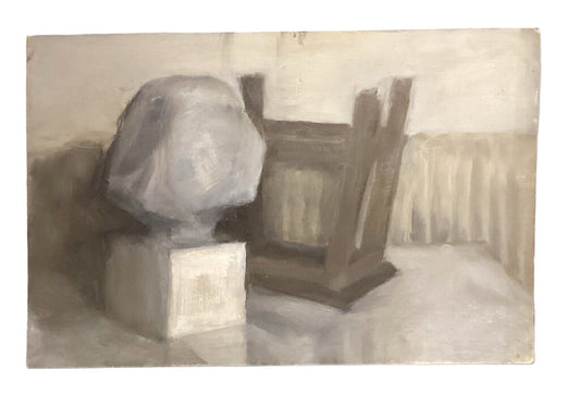 Artist Unknown. Still life w Upside Down Stool. Oil on Board.
