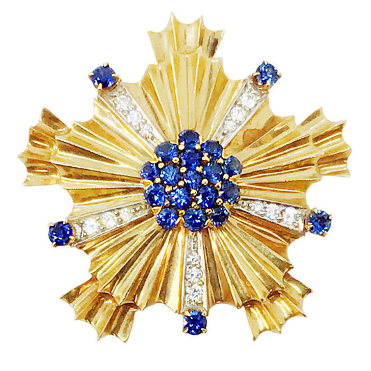 14Kt Gold Sapphire & Diamond Starburst Brooch