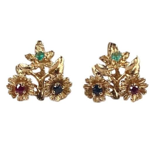 14K Gold Multi-Stone Floral Earrings