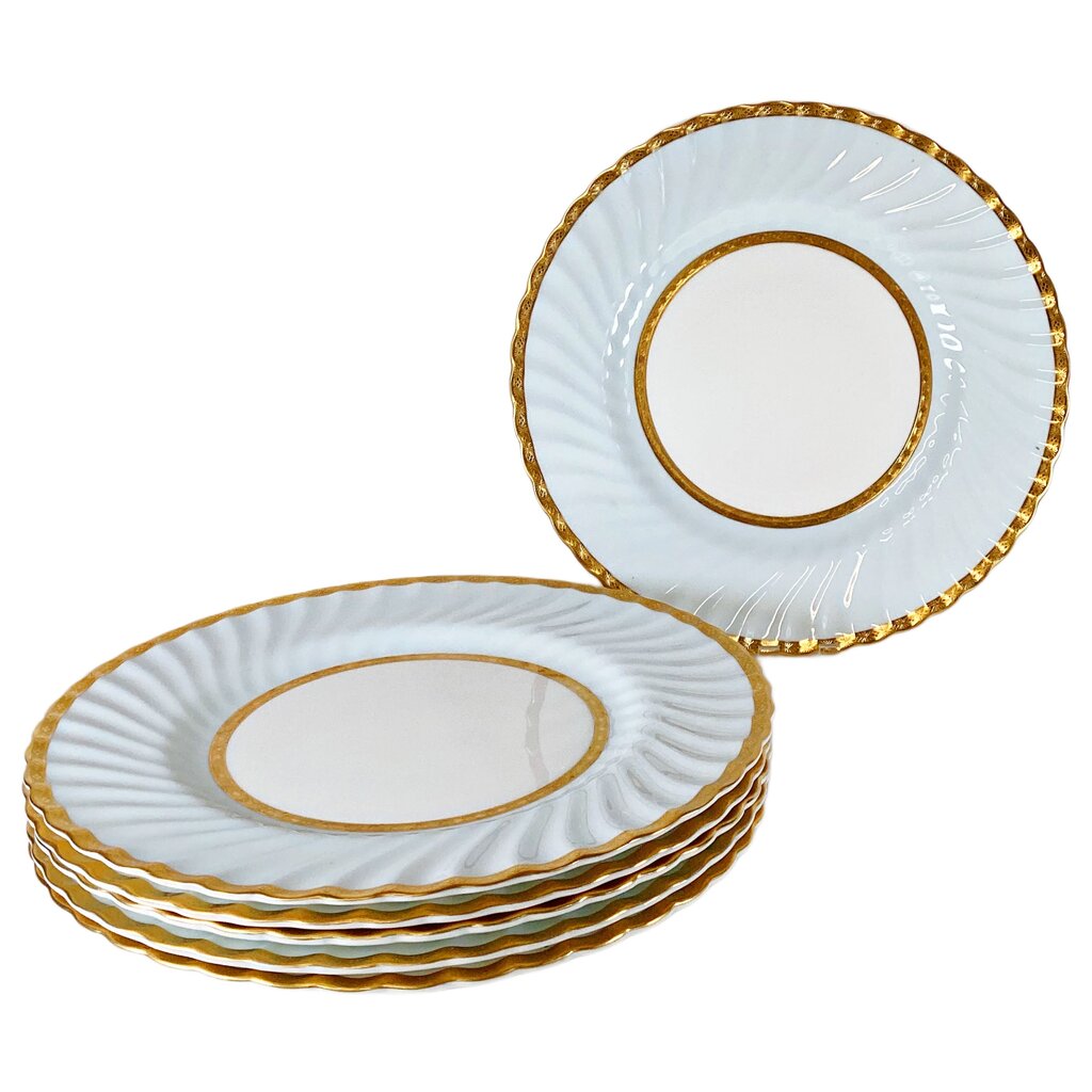 Mintons Tiffany Gold Light Blue Swirl Embassy Dinner Plates (S/6)