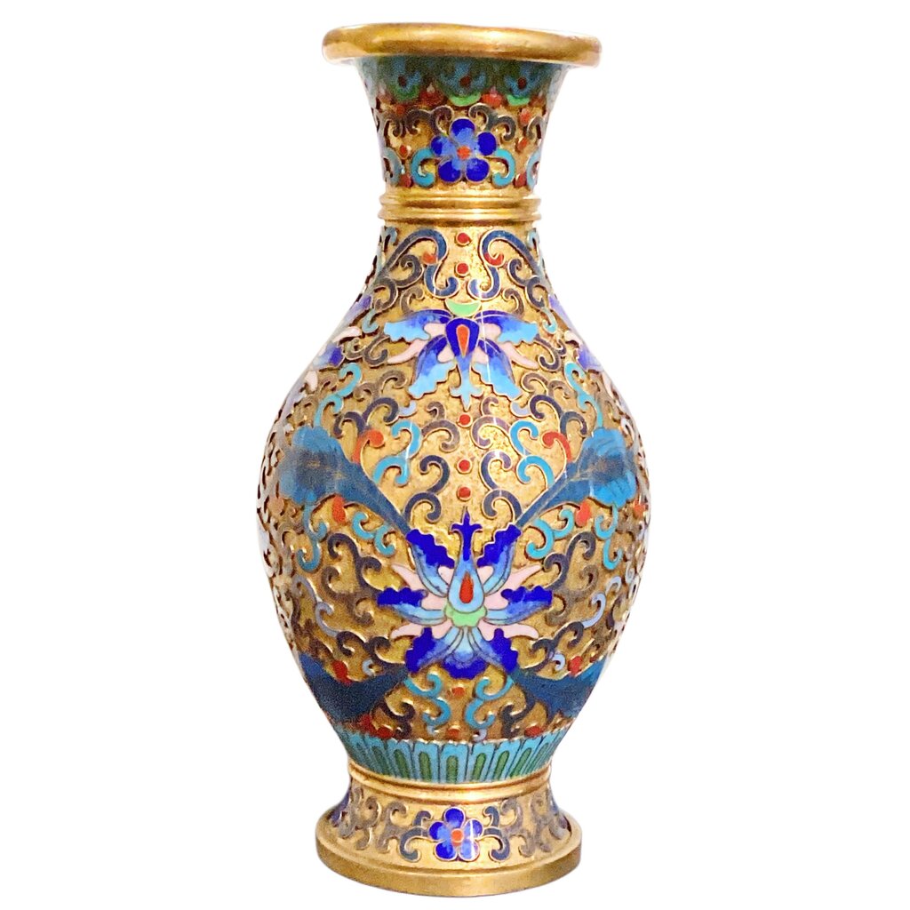 Vintage Cloisonne Vase Gold Ground. Blue Overlay.