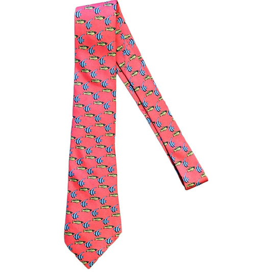 Vintage Hermes. 100% Silk Tie. Red with Fish.