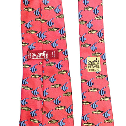 Vintage Hermes. 100% Silk Tie. Red with Fish. - Opportunity Shop DC