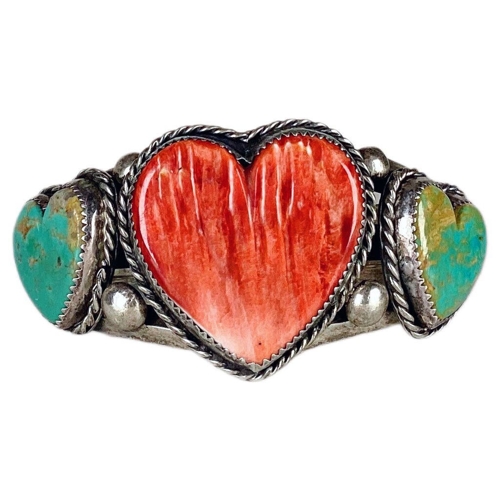 Sterling Cuff with Turquoise & Coral Hearts