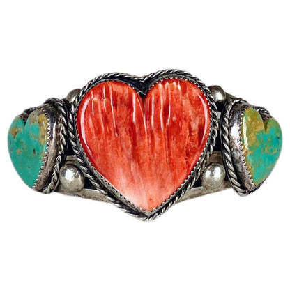 Sterling Cuff with Turquoise & Coral Hearts