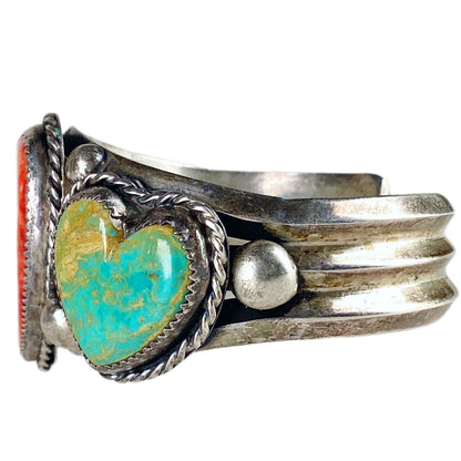 Sterling Cuff with Turquoise & Coral Hearts