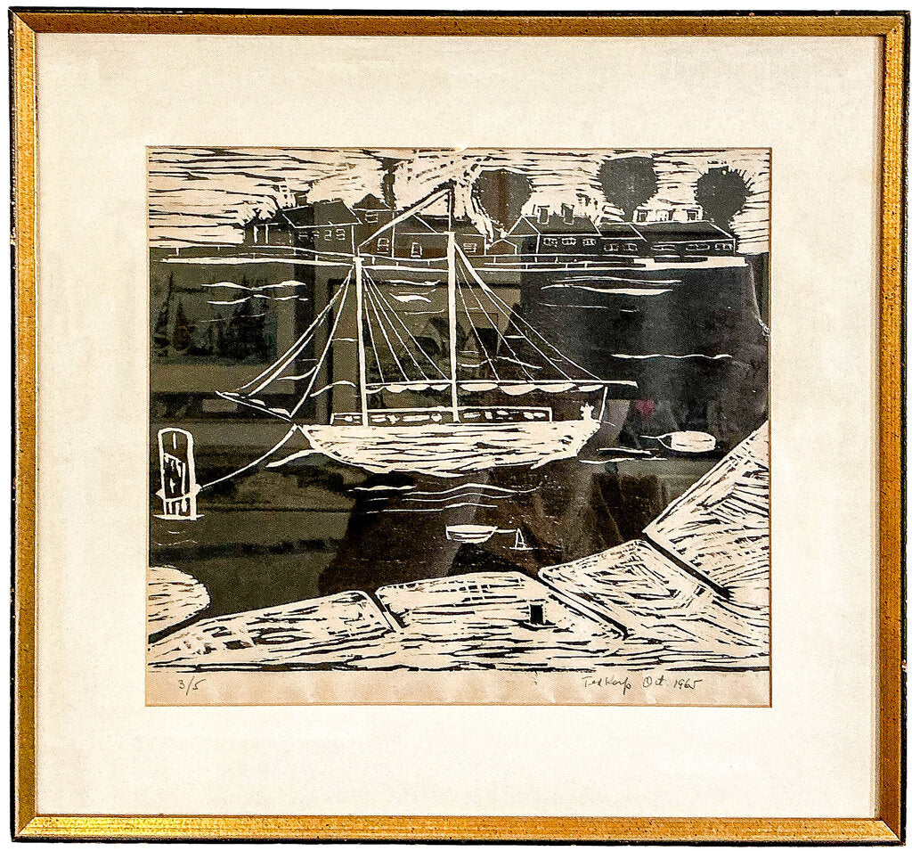 Ted Karp. Pup on a Sailboat. Woodblock Print. 1965. - Opportunity Shop DC
