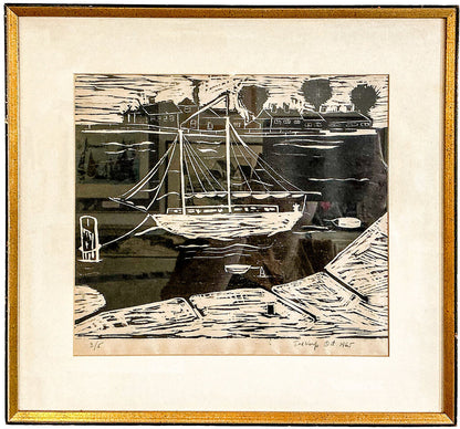 Ted Karp. Pup on a Sailboat. Woodblock Print. 1965. - Opportunity Shop DC