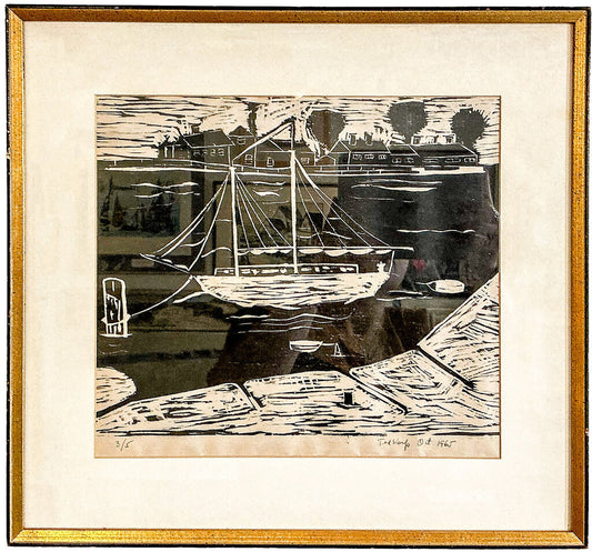 Ted Karp. Pup on a Sailboat. Woodblock Print. 1965. - Opportunity Shop DC