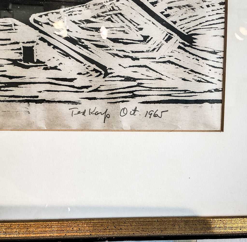 Ted Karp. Pup on a Sailboat. Woodblock Print. 1965. - Opportunity Shop DC