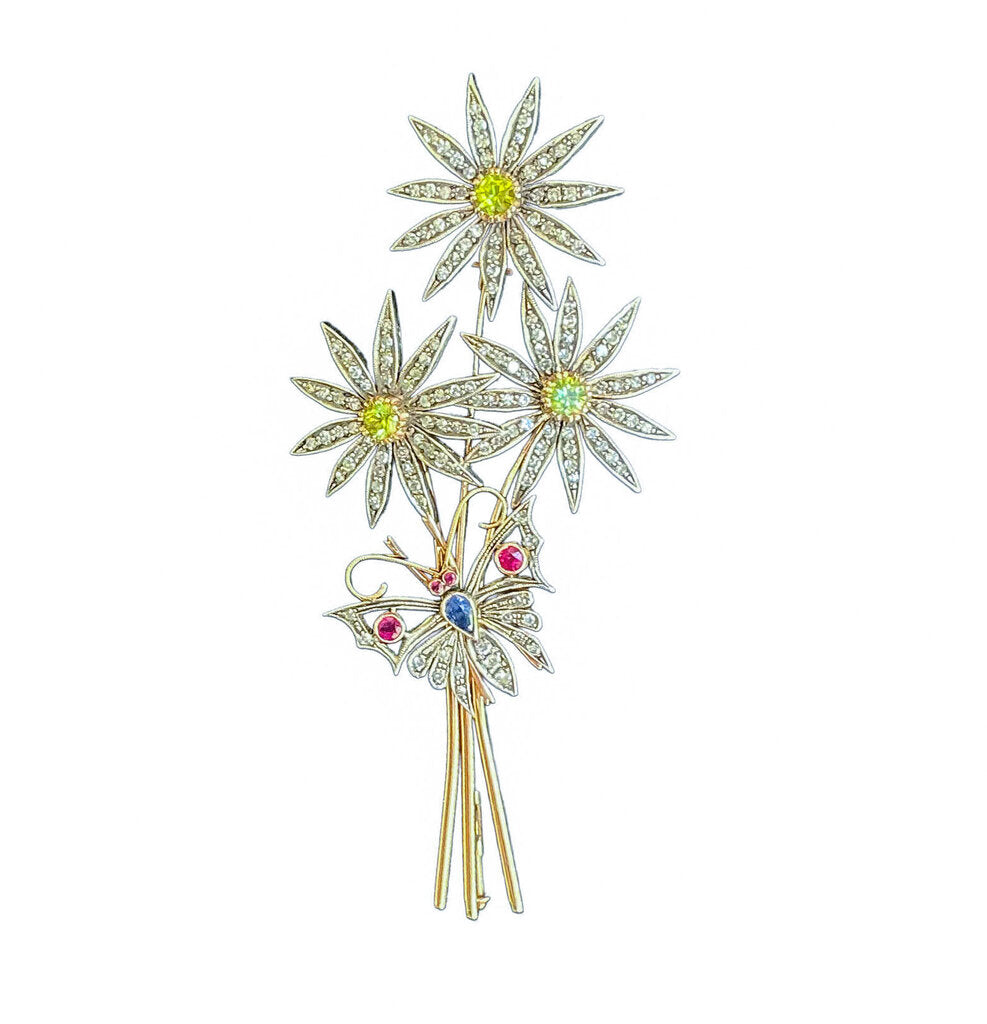 14K YG & Sterling Sapphire, Ruby, & Diamond Brooch - Opportunity Shop DC