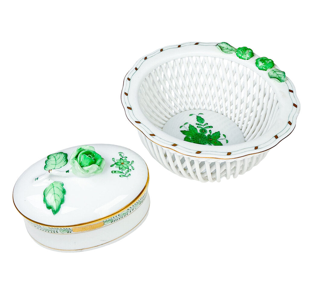 Green Herend Basket & Trinket Dish