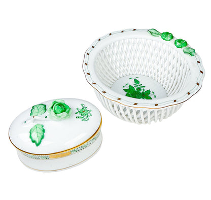 Green Herend Basket & Trinket Dish