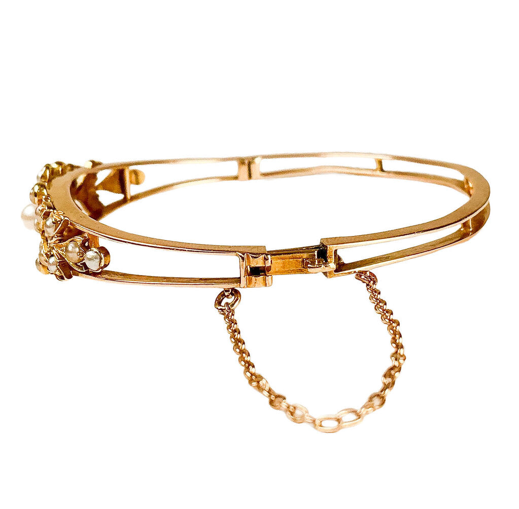 15K YG Antique Bangle Bracelet w Pearls - Opportunity Shop DC