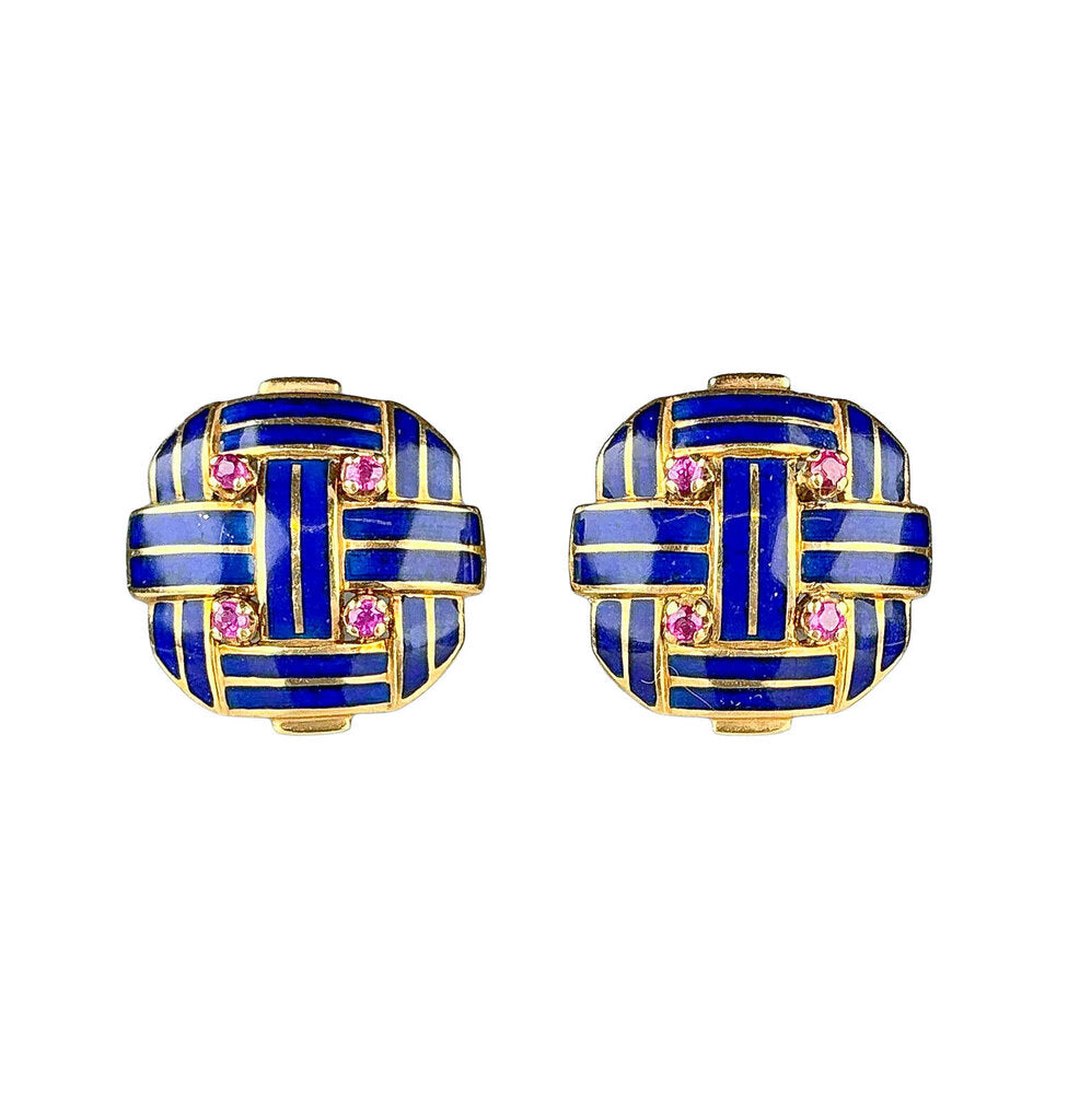18K Italian Gold Blue Enamel & Ruby Cufflinks - Opportunity Shop DC