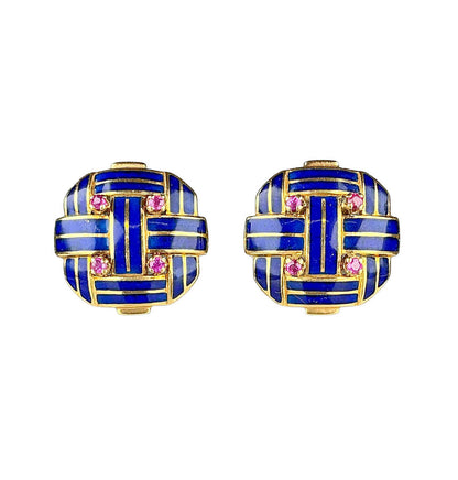 18K Italian Gold Blue Enamel & Ruby Cufflinks - Opportunity Shop DC