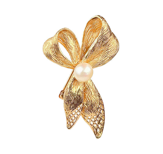 14K Gold Bow Brooch w 6.5 Cultured Pearl - Opportunity Shop DC