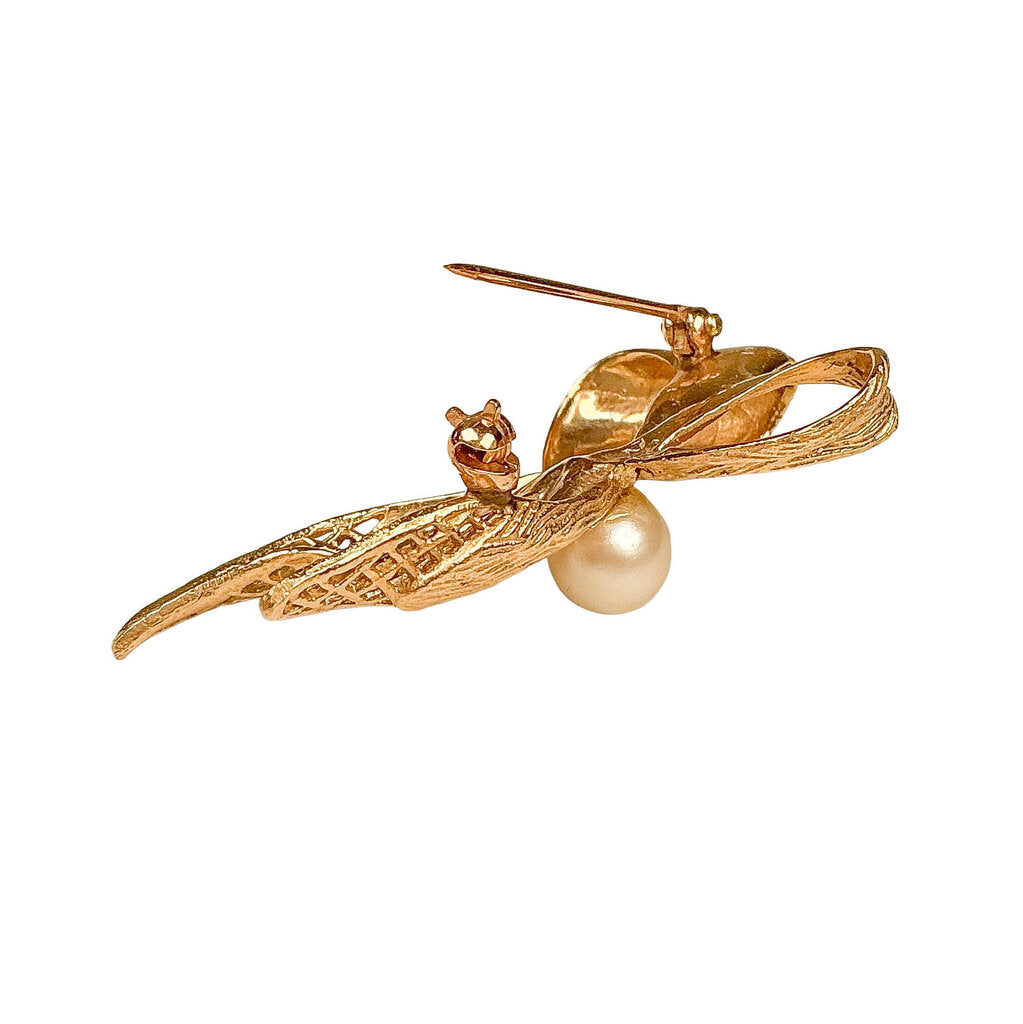 14K Gold Bow Brooch w 6.5 Cultured Pearl - Opportunity Shop DC