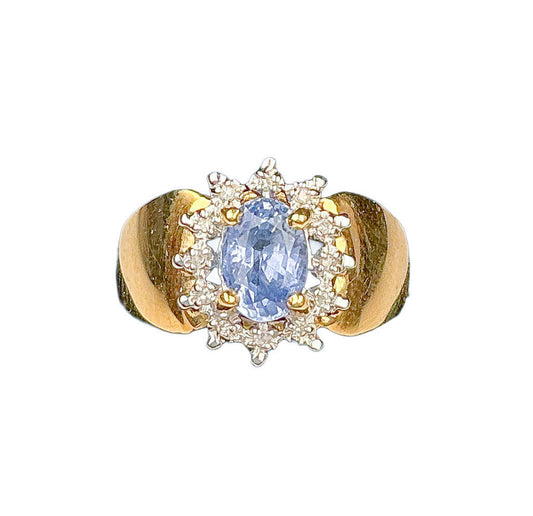 14K Gold Ring w Blue Spinel & Diamonds