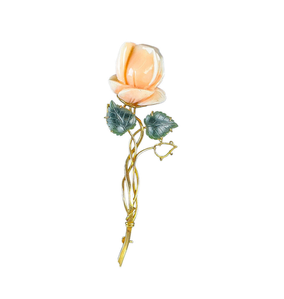 18K Gold Brooch, Carved Pink Coral Rosebud, Carved Nephrite Jade Leaves. Woven Gold Stem. - Opportunity Shop DC