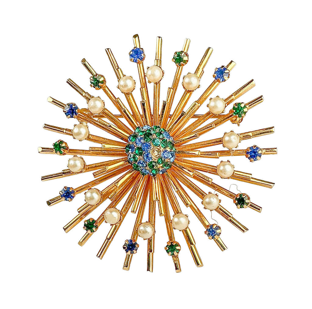 Vendome Star Burst Brooch w/Pearls, Blue & Green Stones - Opportunity Shop DC