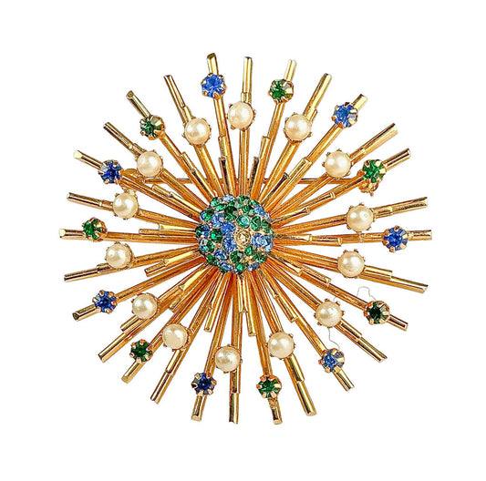 Vendome Star Burst Brooch w/Pearls, Blue & Green Stones - Opportunity Shop DC